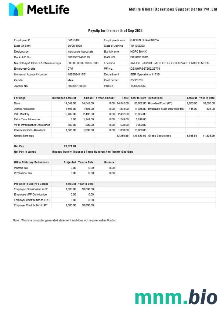 Szablon odcinka wypłaty Metlife Global Operations Support Center w formatach Word i PDF